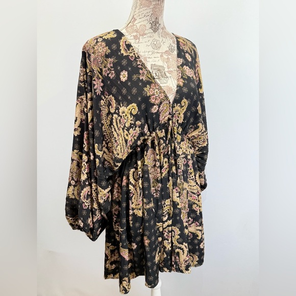 FREE PEOPLE Black and tan print ARZEL double V neckline mini dress size M - Picture 15 of 15